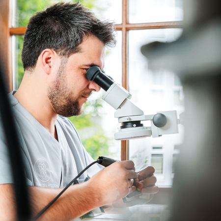 Aufnahme eines Labormitarbeiters bei der Arbeit mit Mikroskop